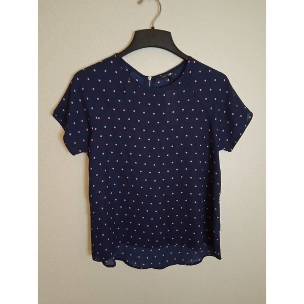 Papermoon Navy Pink Polka Dot High-Low Blouse Short Sleeve Zip Back CT1987-SS S - Picture 2 of 9
